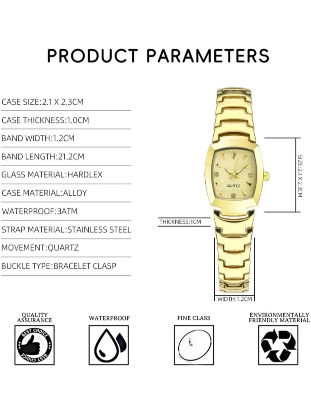 Women's Gold Analog Quartz Steel Dainty Rectangle Waterproof Square Wrist Watch